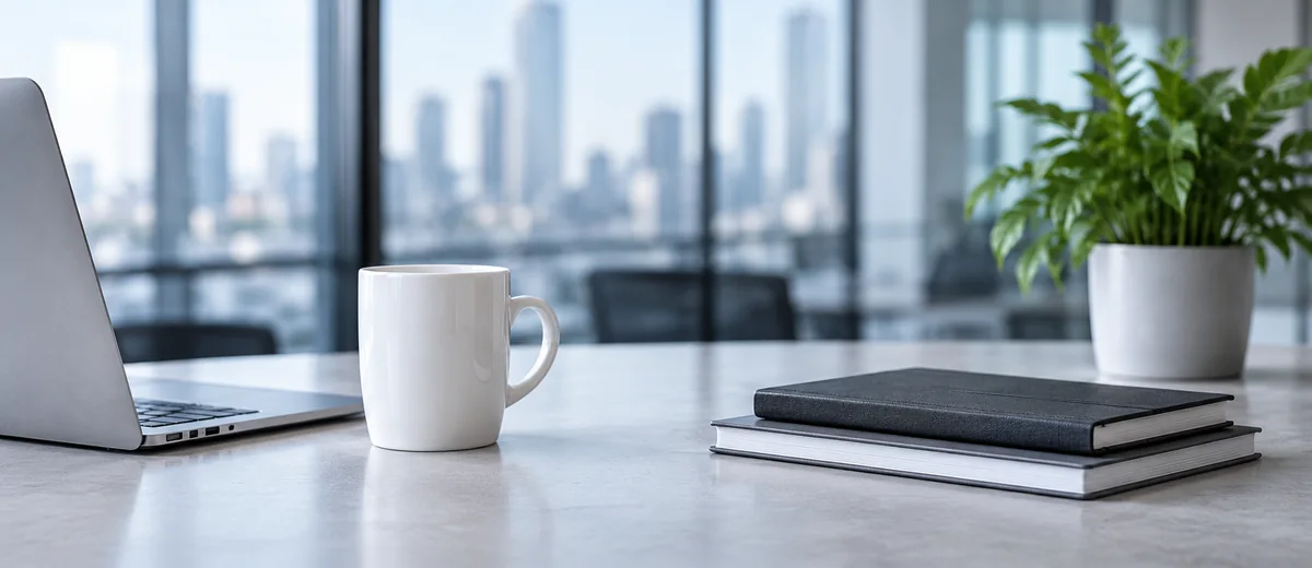 A laptop, coffee, and notebooks on an office desk overlooking the city