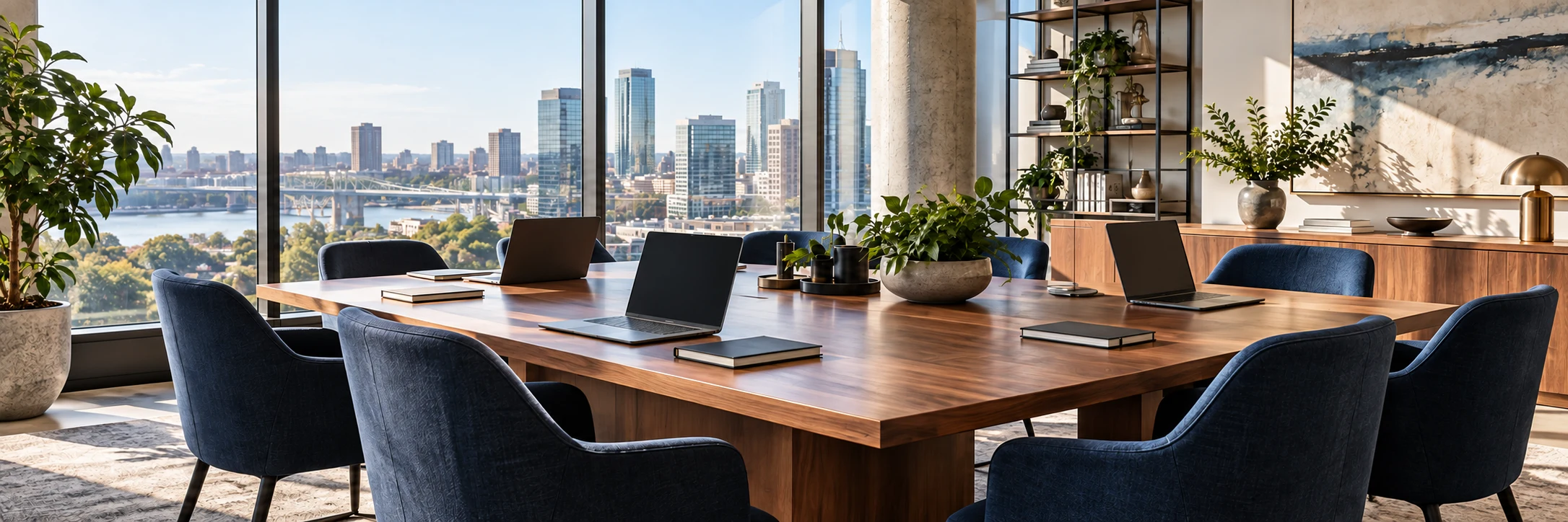 A clear panoramic office meeting room with a walnut table, navy chairs and city views
